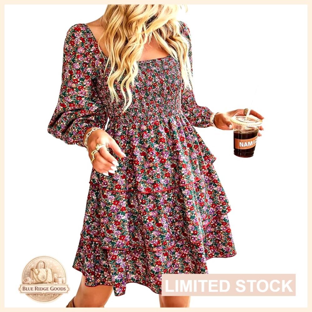 Long Sleeve Floral Mini Dress Smocked Waist Boho Chic Wedding Guest Outfit